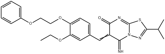 (6E)-6-[3-ethoxy-4-(2-phenoxyethoxy)benzylidene]-5-imino-2-(propan-2-yl)-5,6-dihydro-7H-[1,3,4]thiadiazolo[3,2-a]pyrimidin-7-one 구조식 이미지