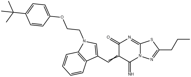 (6Z)-6-({1-[2-(4-tert-butylphenoxy)ethyl]-1H-indol-3-yl}methylidene)-5-imino-2-propyl-5,6-dihydro-7H-[1,3,4]thiadiazolo[3,2-a]pyrimidin-7-one Structure