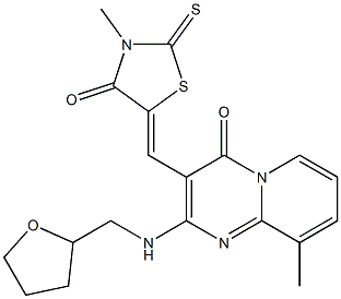 9-methyl-3-[(3-methyl-4-oxo-2-thioxo-1,3-thiazolidin-5-ylidene)methyl]-2-[(tetrahydro-2-furanylmethyl)amino]-4H-pyrido[1,2-a]pyrimidin-4-one 구조식 이미지