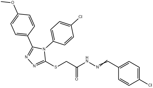 2-{[4-(4-chlorophenyl)-5-(4-methoxyphenyl)-4H-1,2,4-triazol-3-yl]sulfanyl}-N'-[(E)-(4-chlorophenyl)methylidene]acetohydrazide 구조식 이미지