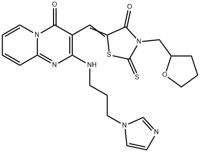 2-{[3-(1H-imidazol-1-yl)propyl]amino}-3-{[4-oxo-3-(tetrahydro-2-furanylmethyl)-2-thioxo-1,3-thiazolidin-5-ylidene]methyl}-4H-pyrido[1,2-a]pyrimidin-4-one 구조식 이미지