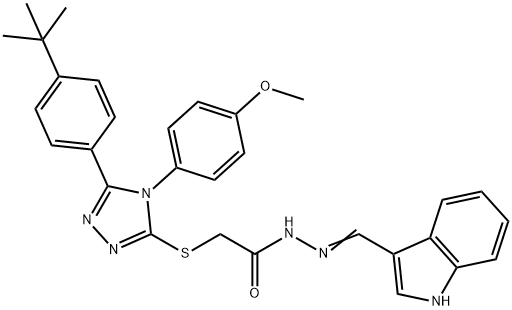 2-{[5-(4-tert-butylphenyl)-4-(4-methoxyphenyl)-4H-1,2,4-triazol-3-yl]sulfanyl}-N'-[(E)-1H-indol-3-ylmethylidene]acetohydrazide 구조식 이미지