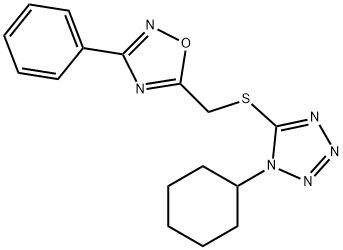 1-cyclohexyl-5-{[(3-phenyl-1,2,4-oxadiazol-5-yl)methyl]sulfanyl}-1H-tetrazole 구조식 이미지