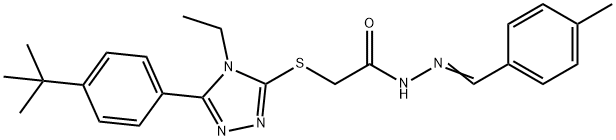 2-{[5-(4-tert-butylphenyl)-4-ethyl-4H-1,2,4-triazol-3-yl]sulfanyl}-N'-[(E)-(4-methylphenyl)methylidene]acetohydrazide 구조식 이미지