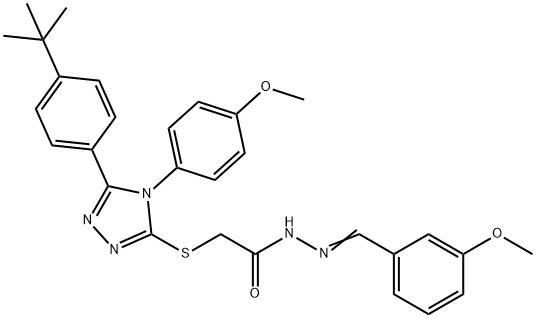 2-{[5-(4-tert-butylphenyl)-4-(4-methoxyphenyl)-4H-1,2,4-triazol-3-yl]sulfanyl}-N'-[(E)-(3-methoxyphenyl)methylidene]acetohydrazide 구조식 이미지