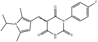 (5E)-5-{[2,5-dimethyl-1-(propan-2-yl)-1H-pyrrol-3-yl]methylidene}-1-(4-fluorophenyl)-2-thioxodihydropyrimidine-4,6(1H,5H)-dione 구조식 이미지