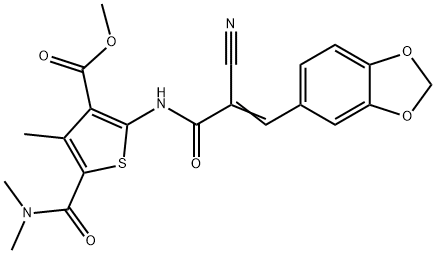 (E)-methyl 2-(3-(benzo[d][1,3]dioxol-5-yl)-2-cyanoacrylamido)-5-(dimethylcarbamoyl)-4-methylthiophene-3-carboxylate 구조식 이미지