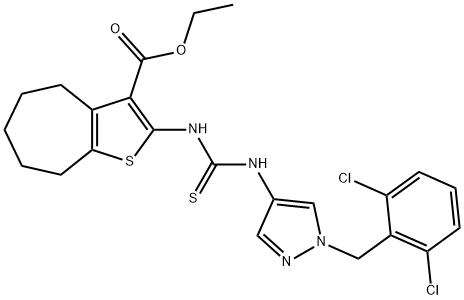 ethyl 2-(3-(1-(2,6-dichlorobenzyl)-1H-pyrazol-4-yl)thioureido)-5,6,7,8-tetrahydro-4H-cyclohepta[b]thiophene-3-carboxylate 구조식 이미지