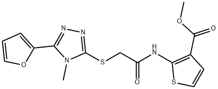 methyl 2-(2-((5-(furan-2-yl)-4-methyl-4H-1,2,4-triazol-3-yl)thio)acetamido)thiophene-3-carboxylate 구조식 이미지