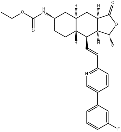 ethyl ((1R,3aR,4aR,6S,8aR,9S,9aS)-9-((E)-2-(5-(3-fluorophenyl)pyridin-2-yl)vinyl)-1-methyl-3-oxododecahydronaphtho[2,3-c]furan-6-yl)carbamate Structure