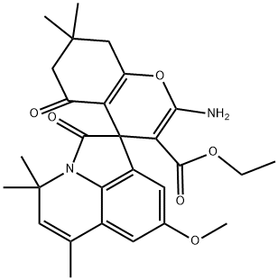 ethyl 2-amino-8'-methoxy-4',4',6',7,7-pentamethyl-2',5-dioxo-5,6,7,8-tetrahydro-4'H-spiro[chromene-4,1'-pyrrolo[3,2,1-ij]quinoline]-3-carboxylate 구조식 이미지