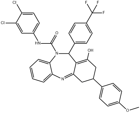 N-(3,4-dichlorophenyl)-1-hydroxy-3-(4-methoxyphenyl)-11-(4-(trifluoromethyl)phenyl)-3,4-dihydro-2H-dibenzo[b,e][1,4]diazepine-10(11H)-carboxamide 구조식 이미지