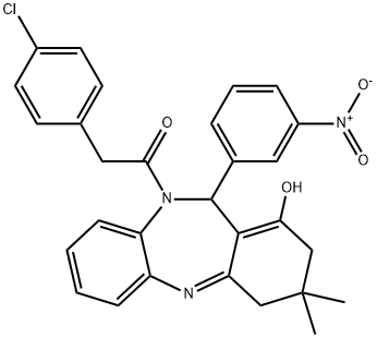 2-(4-chlorophenyl)-1-(1-hydroxy-3,3-dimethyl-11-(3-nitrophenyl)-3,4-dihydro-2H-dibenzo[b,e][1,4]diazepin-10(11H)-yl)ethanone Structure