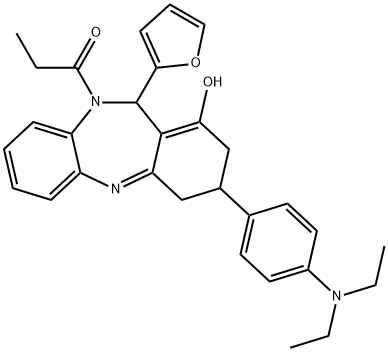 1-(3-(4-(diethylamino)phenyl)-11-(furan-2-yl)-1-hydroxy-3,4-dihydro-2H-dibenzo[b,e][1,4]diazepin-10(11H)-yl)propan-1-one Structure