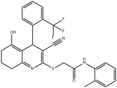 2-((3-cyano-5-hydroxy-4-(2-(trifluoromethyl)phenyl)-4,6,7,8-tetrahydroquinolin-2-yl)thio)-N-(o-tolyl)acetamide 구조식 이미지