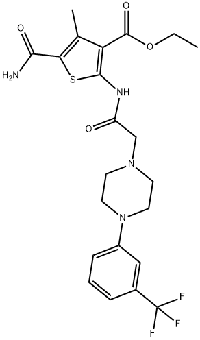 ethyl 5-carbamoyl-4-methyl-2-(2-(4-(3-(trifluoromethyl)phenyl)piperazin-1-yl)acetamido)thiophene-3-carboxylate 구조식 이미지