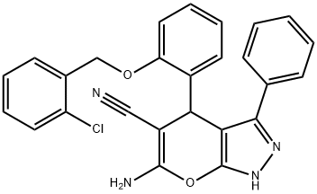 6-amino-4-{2-[(2-chlorobenzyl)oxy]phenyl}-3-phenyl-1,4-dihydropyrano[2,3-c]pyrazole-5-carbonitrile Structure