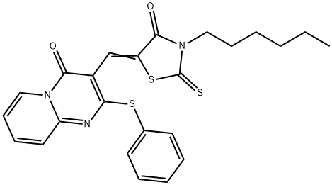 3-[(Z)-(3-hexyl-4-oxo-2-thioxo-1,3-thiazolidin-5-ylidene)methyl]-2-(phenylsulfanyl)-4H-pyrido[1,2-a]pyrimidin-4-one 구조식 이미지