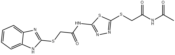 N-(5-{[2-(acetylamino)-2-oxoethyl]sulfanyl}-1,3,4-thiadiazol-2-yl)-2-(1H-benzimidazol-2-ylsulfanyl)acetamide 구조식 이미지