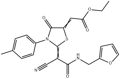 ethyl (2E)-[(2E)-2-{1-cyano-2-[(furan-2-ylmethyl)amino]-2-oxoethylidene}-3-(4-methylphenyl)-4-oxo-1,3-thiazolidin-5-ylidene]ethanoate 구조식 이미지