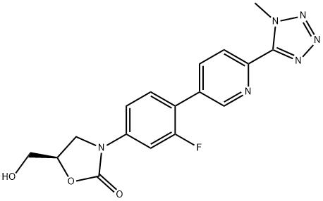 (R)-3-(3-fluoro-4-(6-(1-methyl-1H-tetrazol-5-yl)pyridin-3-yl) phenyl)-5-(hydroxymethyl)oxazolidin-2-one 구조식 이미지