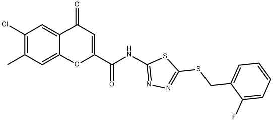 6-chloro-N-{5-[(2-fluorobenzyl)sulfanyl]-1,3,4-thiadiazol-2-yl}-7-methyl-4-oxo-4H-chromene-2-carboxamide 구조식 이미지