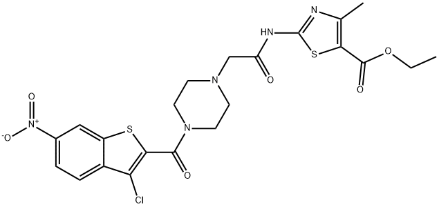 ethyl 2-(2-(4-(3-chloro-6-nitrobenzo[b]thiophene-2-carbonyl)piperazin-1-yl)acetamido)-4-methylthiazole-5-carboxylate 구조식 이미지