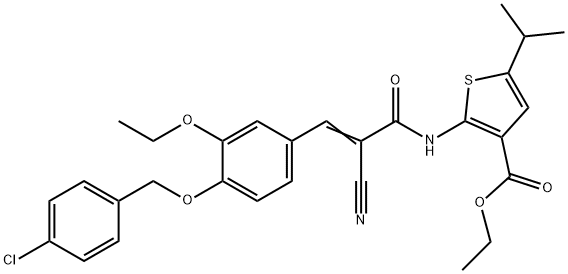 (E)-ethyl 2-(3-(4-((4-chlorobenzyl)oxy)-3-ethoxyphenyl)-2-cyanoacrylamido)-5-isopropylthiophene-3-carboxylate 구조식 이미지