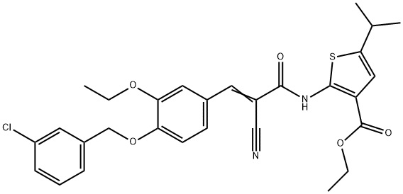 (E)-ethyl 2-(3-(4-((3-chlorobenzyl)oxy)-3-ethoxyphenyl)-2-cyanoacrylamido)-5-isopropylthiophene-3-carboxylate 구조식 이미지