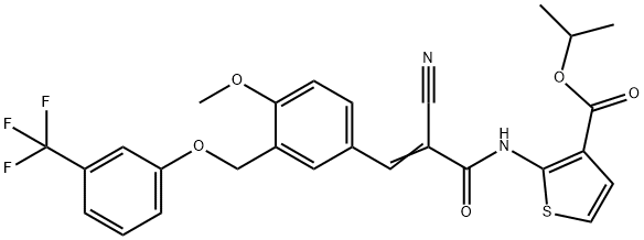 (E)-isopropyl 2-(2-cyano-3-(4-methoxy-3-((3-(trifluoromethyl)phenoxy)methyl)phenyl)acrylamido)thiophene-3-carboxylate 구조식 이미지