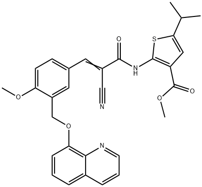 (E)-methyl 2-(2-cyano-3-(4-methoxy-3-((quinolin-8-yloxy)methyl)phenyl)acrylamido)-5-isopropylthiophene-3-carboxylate 구조식 이미지