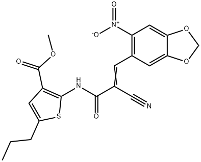 (E)-methyl 2-(2-cyano-3-(6-nitrobenzo[d][1,3]dioxol-5-yl)acrylamido)-5-propylthiophene-3-carboxylate 구조식 이미지