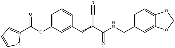 (E)-3-(3-((benzo[d][1,3]dioxol-5-ylmethyl)amino)-2-cyano-3-oxoprop-1-en-1-yl)phenyl furan-2-carboxylate 구조식 이미지