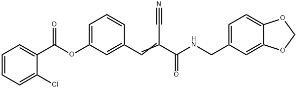 (E)-3-(3-((benzo[d][1,3]dioxol-5-ylmethyl)amino)-2-cyano-3-oxoprop-1-en-1-yl)phenyl 2-chlorobenzoate 구조식 이미지