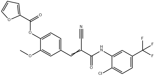 (E)-4-(3-((2-chloro-5-(trifluoromethyl)phenyl)amino)-2-cyano-3-oxoprop-1-en-1-yl)-2-methoxyphenyl furan-2-carboxylate 구조식 이미지