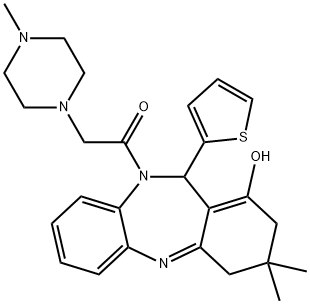 1-(1-hydroxy-3,3-dimethyl-11-(thiophen-2-yl)-3,4-dihydro-2H-dibenzo[b,e][1,4]diazepin-10(11H)-yl)-2-(4-methylpiperazin-1-yl)ethanone Structure