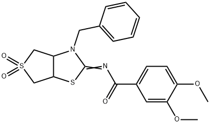 (E)-N-(3-benzyl-5,5-dioxidotetrahydrothieno[3,4-d]thiazol-2(3H)-ylidene)-3,4-dimethoxybenzamide 구조식 이미지