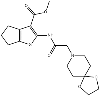 methyl 2-(2-(1,4-dioxa-8-azaspiro[4.5]decan-8-yl)acetamido)-5,6-dihydro-4H-cyclopenta[b]thiophene-3-carboxylate 구조식 이미지