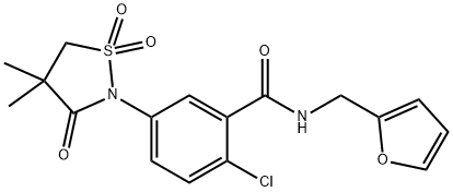 2-chloro-5-(4,4-dimethyl-1,1-dioxido-3-oxo-1,2-thiazolidin-2-yl)-N-(furan-2-ylmethyl)benzamide 구조식 이미지