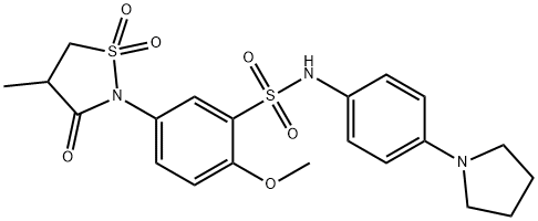 2-methoxy-5-(4-methyl-1,1-dioxido-3-oxo-1,2-thiazolidin-2-yl)-N-[4-(pyrrolidin-1-yl)phenyl]benzenesulfonamide 구조식 이미지