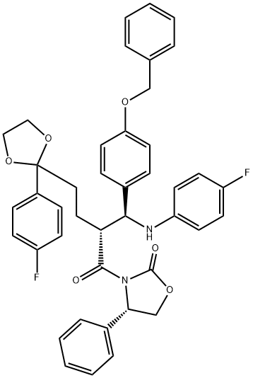 (S)-3-{(R)-2-[(S)-(4-(benzyloxyphenyl))-(4-fluorophenylamino)methyl]-4-[2-(4-fluorophenyl)-[1,3]-dioxolan-2-yl]butyryl}-4-phenyloxazolidin-2-one 구조식 이미지