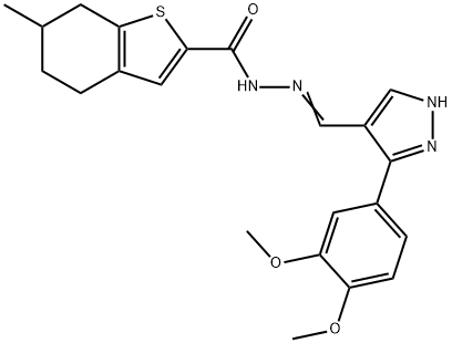 (E)-N'-((3-(3,4-dimethoxyphenyl)-1H-pyrazol-4-yl)methylene)-6-methyl-4,5,6,7-tetrahydrobenzo[b]thiophene-2-carbohydrazide 구조식 이미지