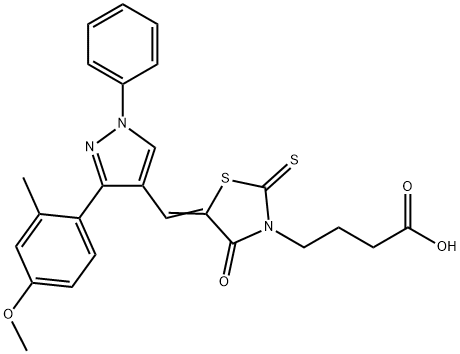 4-[(5Z)-5-{[3-(4-methoxy-2-methylphenyl)-1-phenyl-1H-pyrazol-4-yl]methylidene}-4-oxo-2-thioxo-1,3-thiazolidin-3-yl]butanoic acid 구조식 이미지