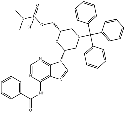 N,N-Dimethylphosphoramidochloridic acid [(2S,6R)-6-[6-(benzoylamino)-9H-purin-9-yl]-4-(triphenylmethyl)-2-morpholinyl]methyl ester 구조식 이미지