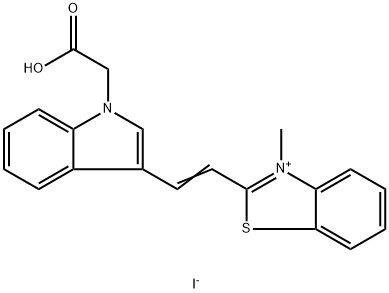 (E)-2-(2-(1-(carboxymethyl)-1H-indol-3-yl)vinyl)-3-methylbenzo[d]thiazol-3-ium iodide Structure