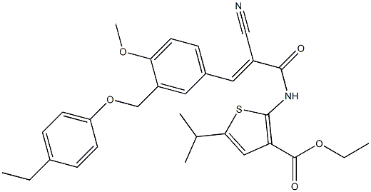 (E)-ethyl 2-(2-cyano-3-(3-((4-ethylphenoxy)methyl)-4-methoxyphenyl)acrylamido)-5-isopropylthiophene-3-carboxylate 구조식 이미지