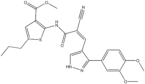 (Z)-methyl 2-(2-cyano-3-(3-(3,4-dimethoxyphenyl)-1H-pyrazol-4-yl)acrylamido)-5-propylthiophene-3-carboxylate Structure