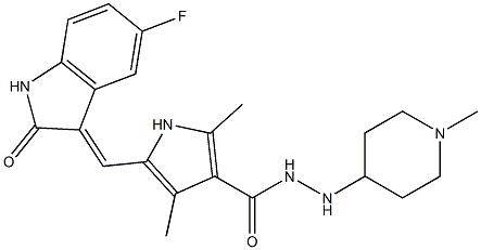 (E)-5-((5-fluoro-2-oxoindolin-3-ylidene)methyl)-2,4-dimethyl-N'-(1-methylpiperidin-4-yl)-1H-pyrrole-3-carbohydrazide 구조식 이미지