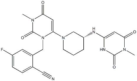 (R)-4-fluoro-2-((3-methyl-6-(3-((1-methyl-2,6-dioxo-1,2,3,6-tetrahydropyrimidin-4-yl)amino)piperidin-1-yl)-2,4-dioxo-3,4-dihydropyrimidin-1(2H)-yl)methyl)benzonitrile 구조식 이미지