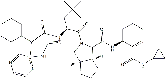 (1S,3aR,6aS)-2-((S)-2-((S)-2-cyclohexyl-2-(pyrazine-2-carboxamido)acetamido)-4,4-dimethylpentanoyl)-N-((S)-1-(cyclopropylamino)-1,2-dioxohexan-3-yl)octahydrocyclopenta[c]pyrrole-1-carboxamide 구조식 이미지